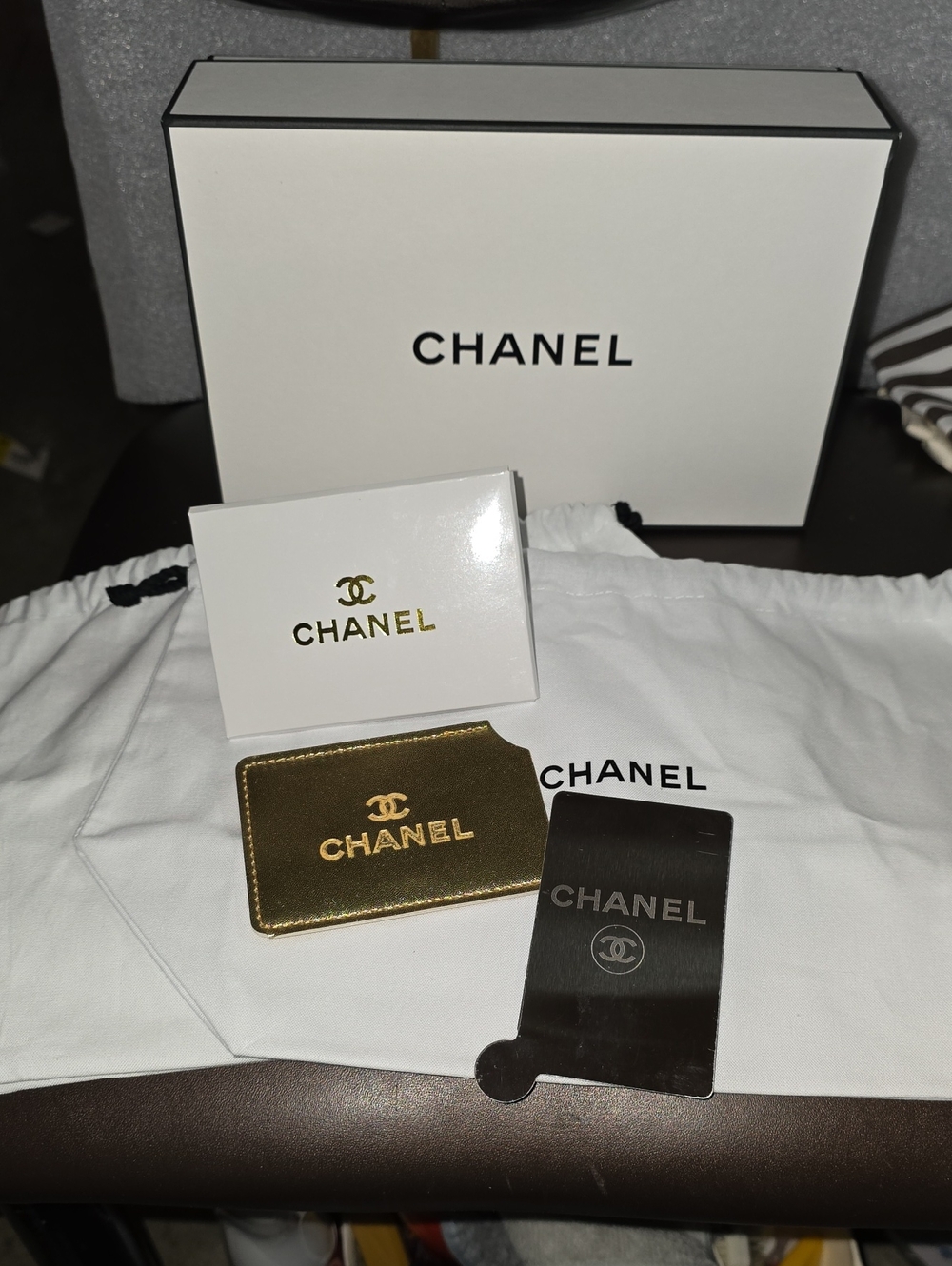 CHANEL Bundle, Box, 2 Dusty's & Gold Slip Case Mirror Euc